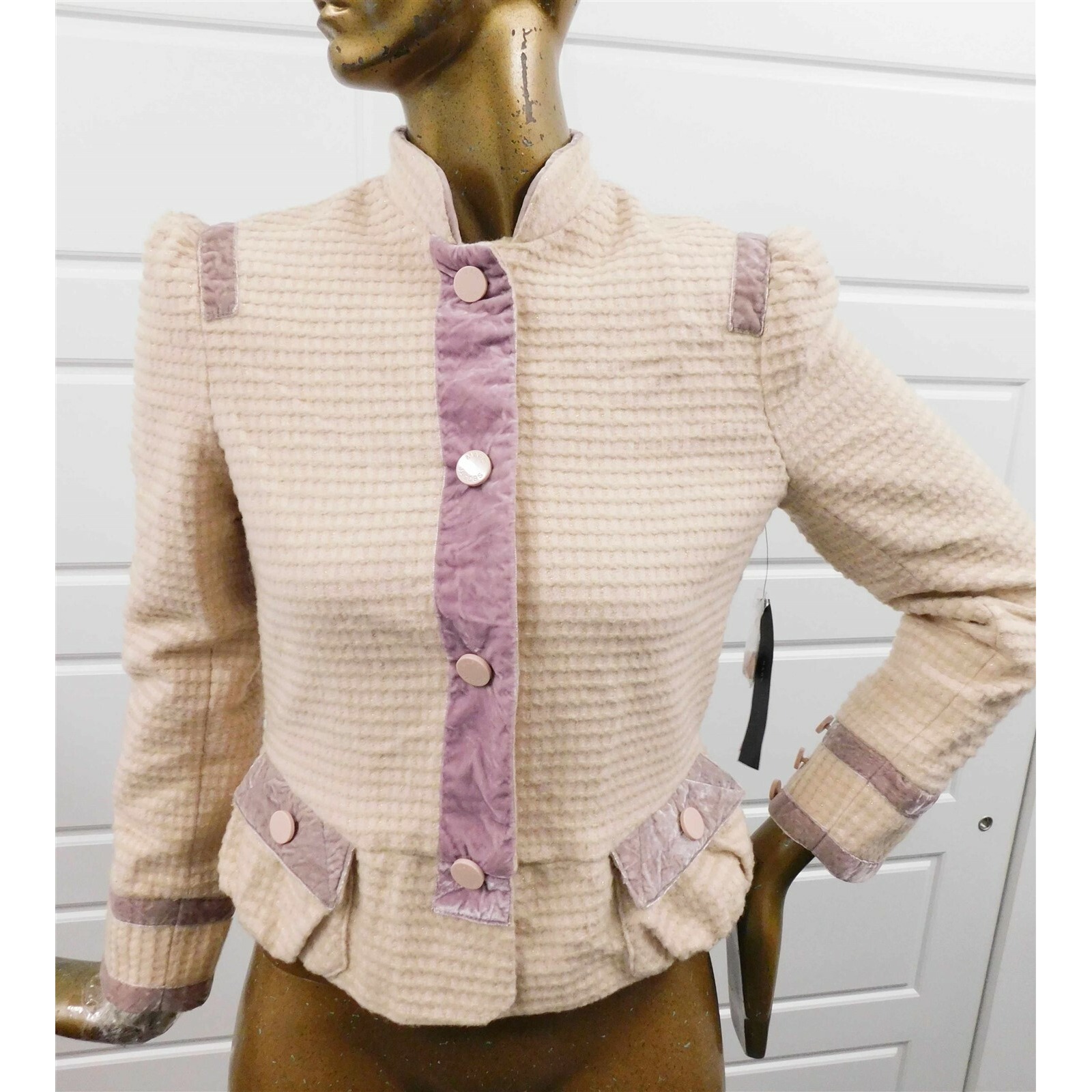 New Marc Jacobs Nude Pink Ivory Gold Waffle Mauve Velvet Trim Jacket Blazer 10
